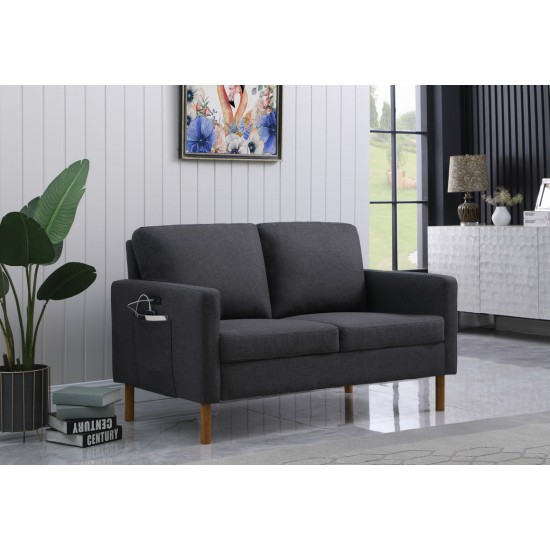 Carter Dark Gray Linen Loveseat, USB charging port and pocket