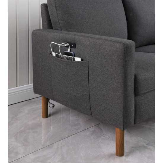 Carter Dark Gray Linen Loveseat, USB charging port and pocket