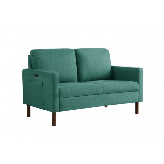 Carter Green Linen Loveseat, USB charging port and pocket