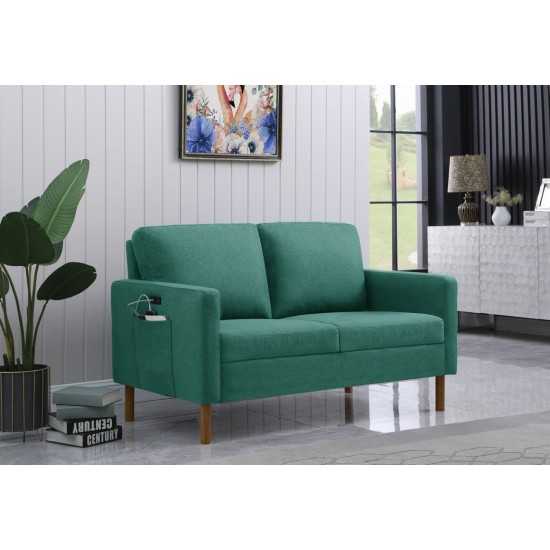 Carter Green Linen Loveseat, USB charging port and pocket