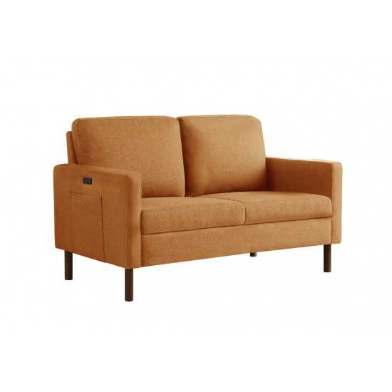 Carter Orange Linen Loveseat, USB charging port and pocket