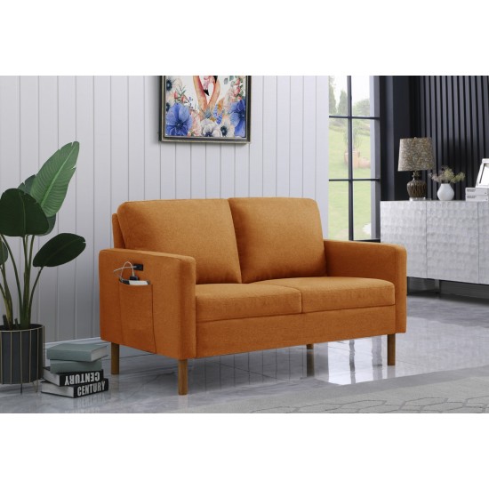 Carter Orange Linen Loveseat, USB charging port and pocket