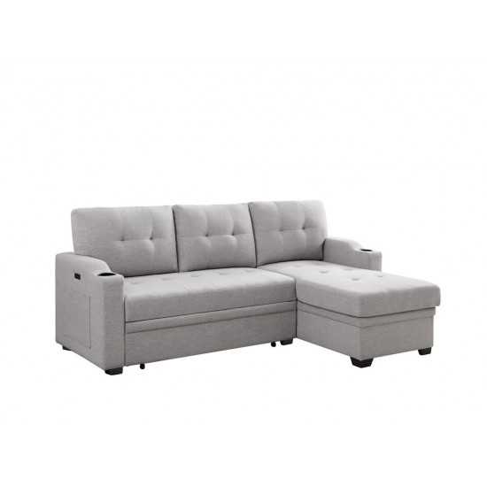 Mabel Light Gray Linen Fabric Sleeper Sectional with cupholder, USB charging port and pocket