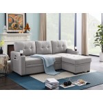 Mabel Light Gray Linen Fabric Sleeper Sectional with cupholder, USB charging port and pocket