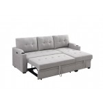 Mabel Light Gray Linen Fabric Sleeper Sectional with cupholder, USB charging port and pocket