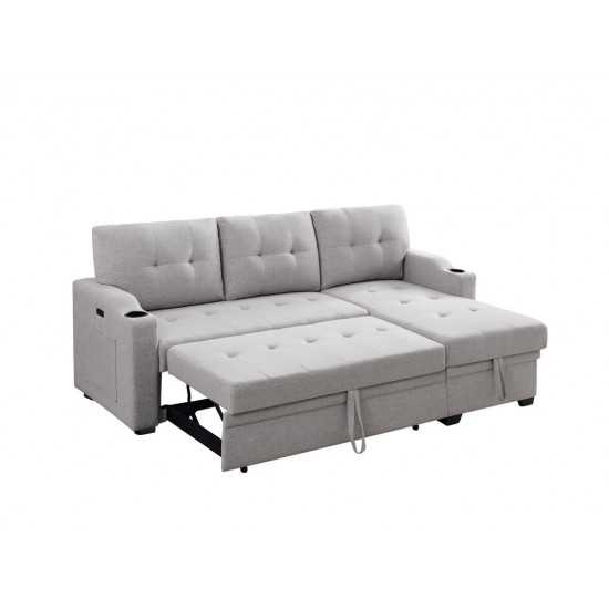 Mabel Light Gray Linen Fabric Sleeper Sectional with cupholder, USB charging port and pocket