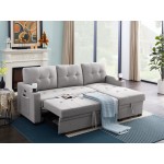 Mabel Light Gray Linen Fabric Sleeper Sectional with cupholder, USB charging port and pocket