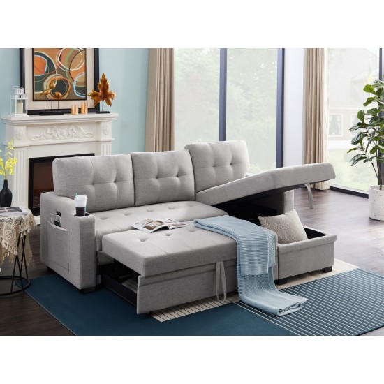 Mabel Light Gray Linen Fabric Sleeper Sectional with cupholder, USB charging port and pocket