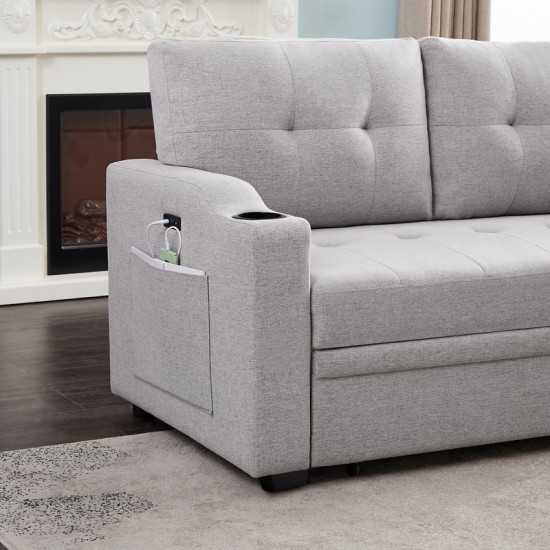 Mabel Light Gray Linen Fabric Sleeper Sectional with cupholder, USB charging port and pocket