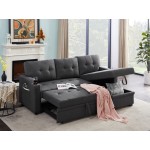 Mabel Dark Gray Linen Fabric Sleeper Sectional with cupholder, USB charging port and pocket