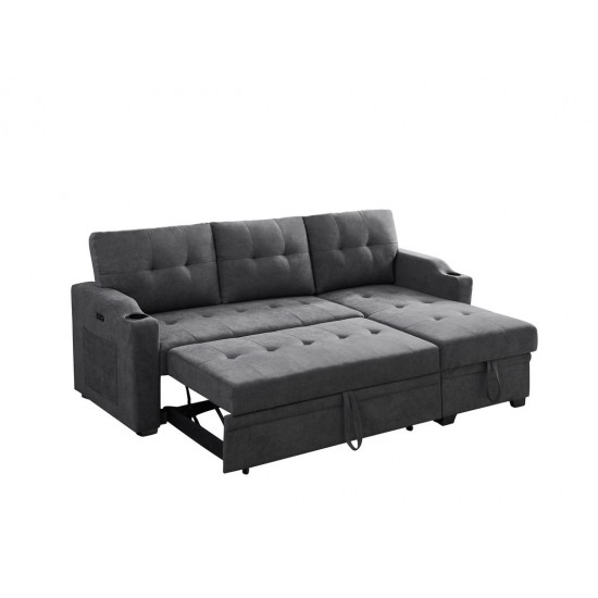 Mabel Dark Gray Woven Fabric Sleeper Sectional with cupholder, USB charging port and pocket