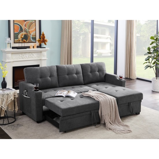 Mabel Dark Gray Woven Fabric Sleeper Sectional with cupholder, USB charging port and pocket