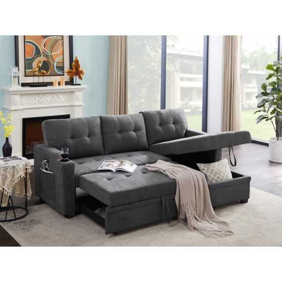 Mabel Dark Gray Woven Fabric Sleeper Sectional with cupholder, USB charging port and pocket