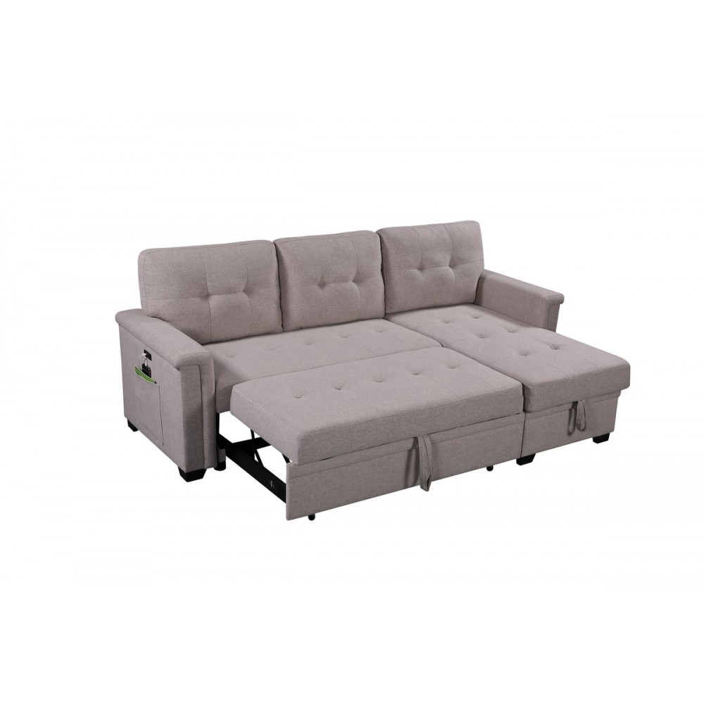 Nathan Light Gray Reversible Sleeper Sectional Sofa with Storage Chaise, USB Charging Ports and Pocket