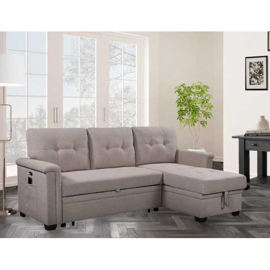 Nathan Light Gray Reversible Sleeper Sectional Sofa with Storage Chaise, USB Charging Ports and Pocket