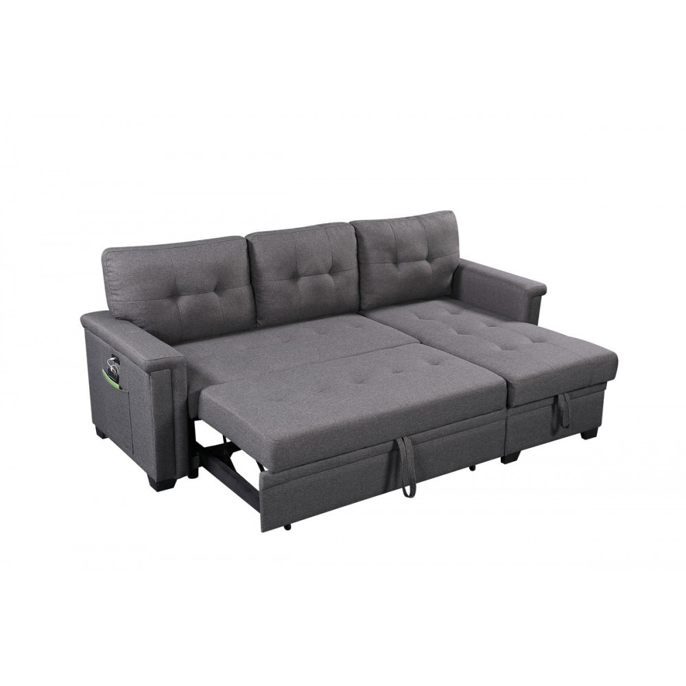 Nathan Dark Gray Reversible Sleeper Sectional Sofa with Storage Chaise, USB Charging Ports and Pocket