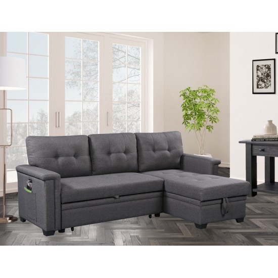 Nathan Dark Gray Reversible Sleeper Sectional Sofa with Storage Chaise, USB Charging Ports and Pocket