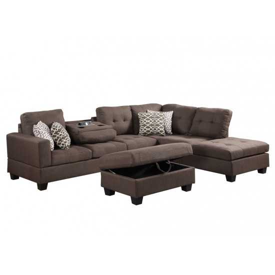 Jason Brown Fabric Reversible Sofa Sectional with Dropdown Table, Charging Ports, Cupholders, Storage Ottoman, and Pillows