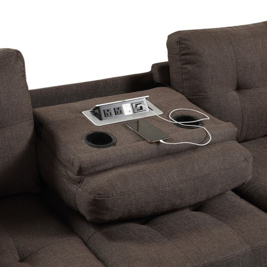 Jason Brown Fabric Reversible Sofa Sectional with Dropdown Table, Charging Ports, Cupholders, Storage Ottoman, and Pillows