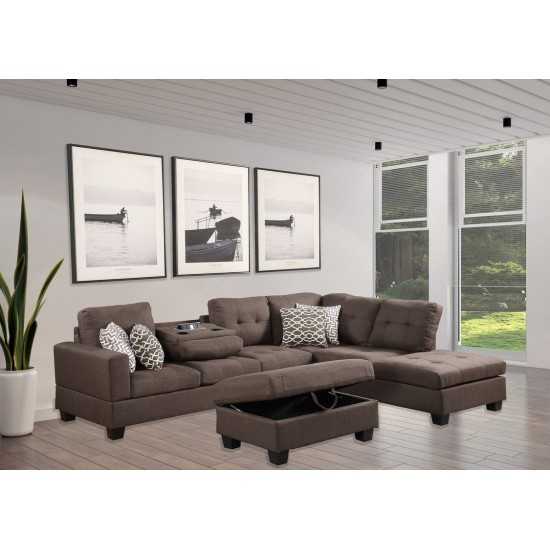 Jason Brown Fabric Reversible Sofa Sectional with Dropdown Table, Charging Ports, Cupholders, Storage Ottoman, and Pillows