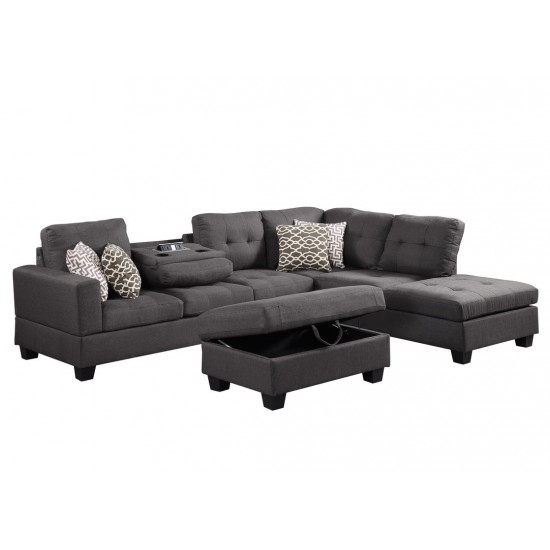 Jason Dark Gray Fabric Reversible Sofa Sectional with Dropdown Table, Charging Ports, Cupholders, Storage Ottoman, and Pillow