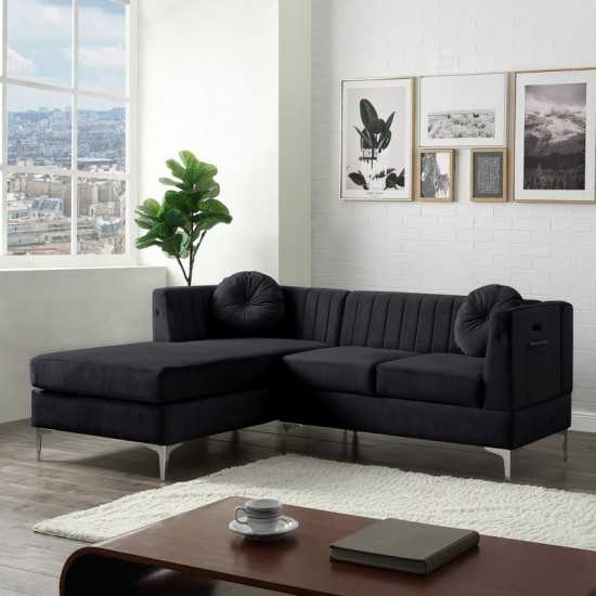 Chloe Black Velvet Sectional Sofa Chaise with USB Charging Port