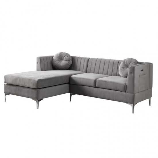 Chloe Gray Velvet Sectional Sofa Chaise with USB Charging Port