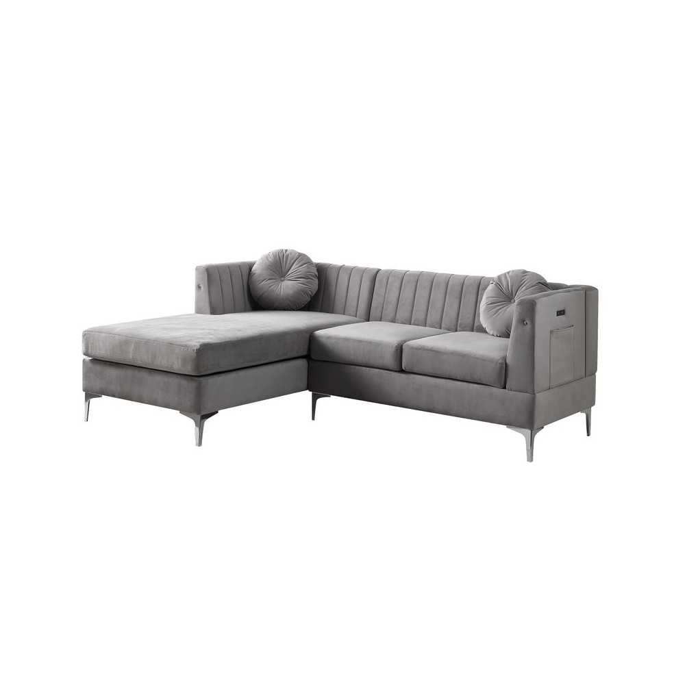 Chloe Gray Velvet Sectional Sofa Chaise with USB Charging Port