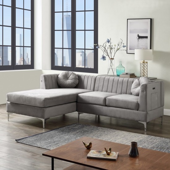 Chloe Gray Velvet Sectional Sofa Chaise with USB Charging Port