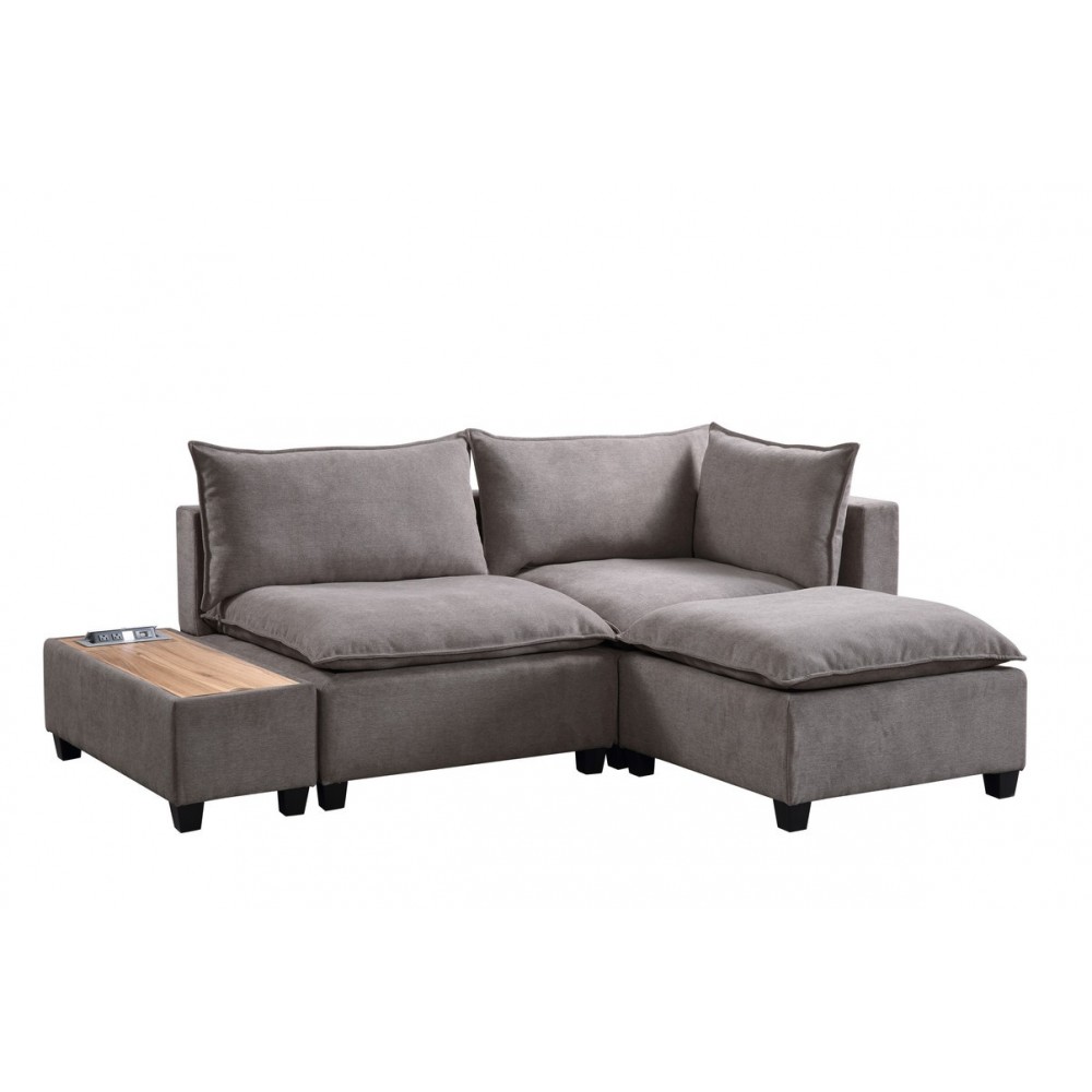 Madison Light Gray Fabric Sectional Loveseat Ottoman with USB Storage Console Table