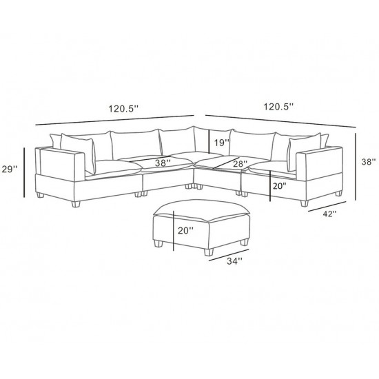 Madison Light Gray Fabric 6 Piece Modular Sectional Sofa with Ottoman