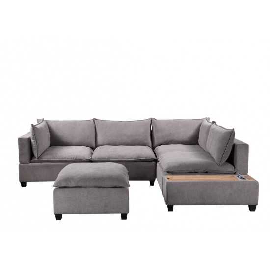 Madison Light Gray Fabric 6 Piece Modular Sectional Sofa with Ottoman and USB Storage Console Table