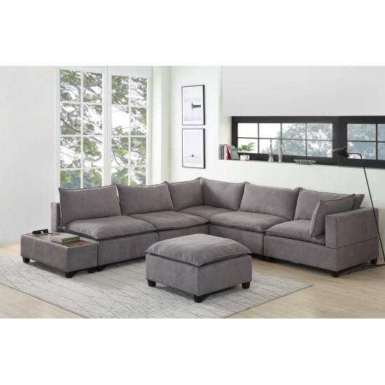 Madison Light Gray Fabric 7Pc Modular Sectional Sofa with Ottoman and USB Storage Console Table