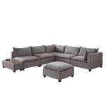 Madison Light Gray Fabric 7Pc Modular Sectional Sofa with Ottoman and USB Storage Console Table