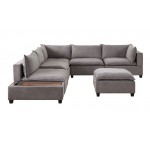 Madison Light Gray Fabric 7Pc Modular Sectional Sofa with Ottoman and USB Storage Console Table