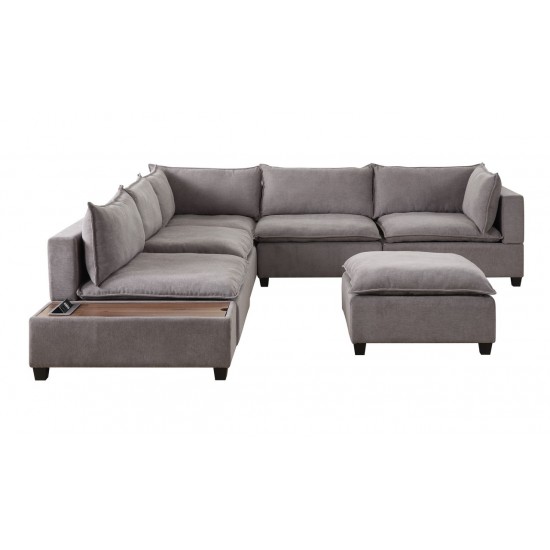 Madison Light Gray Fabric 7Pc Modular Sectional Sofa with Ottoman and USB Storage Console Table