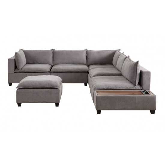 Madison Light Gray Fabric 7Pc Modular Sectional Sofa with Ottoman and USB Storage Console Table