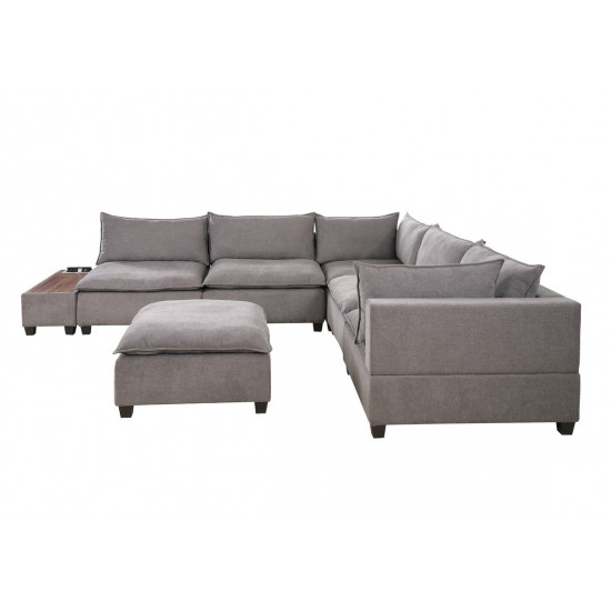 Madison Light Gray Fabric 7Pc Modular Sectional Sofa with Ottoman and USB Storage Console Table