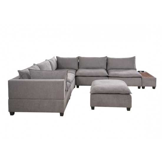 Madison Light Gray Fabric 7Pc Modular Sectional Sofa with Ottoman and USB Storage Console Table