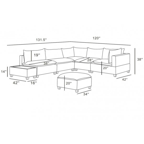 Madison Light Gray Fabric 7Pc Modular Sectional Sofa with Ottoman and USB Storage Console Table