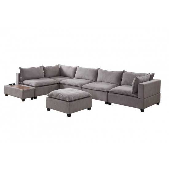 Madison Light Gray Fabric 7 Piece Modular Sectional Sofa with Ottoman and USB Storage Console Table