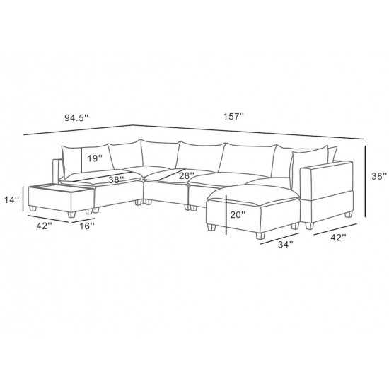 Madison Light Gray Fabric 7Pc Modular Sectional Sofa Chaise with USB Storage Console Table