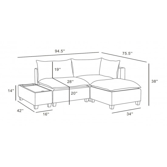 Madison Dark Gray Fabric Sectional Loveseat Ottoman with USB Storage Console Table