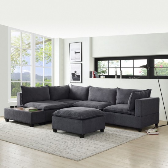 Madison Dark Gray Fabric 6 Piece Modular Sectional Sofa with Ottoman and USB Storage Console Table