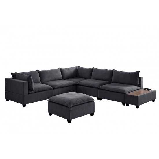 Madison Dark Gray Fabric 7Pc Modular Sectional Sofa with Ottoman and USB Storage Console Table