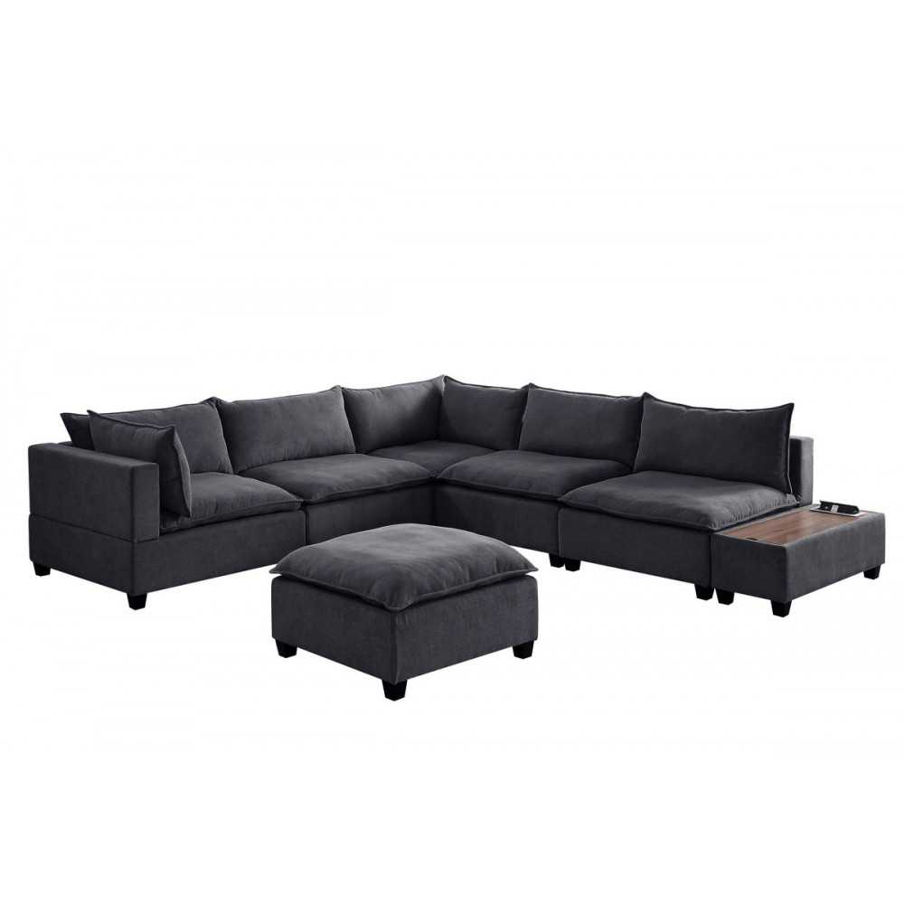 Madison Dark Gray Fabric 7Pc Modular Sectional Sofa with Ottoman and USB Storage Console Table