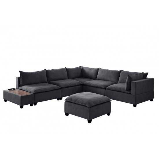 Madison Dark Gray Fabric 7Pc Modular Sectional Sofa with Ottoman and USB Storage Console Table