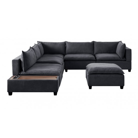 Madison Dark Gray Fabric 7Pc Modular Sectional Sofa with Ottoman and USB Storage Console Table