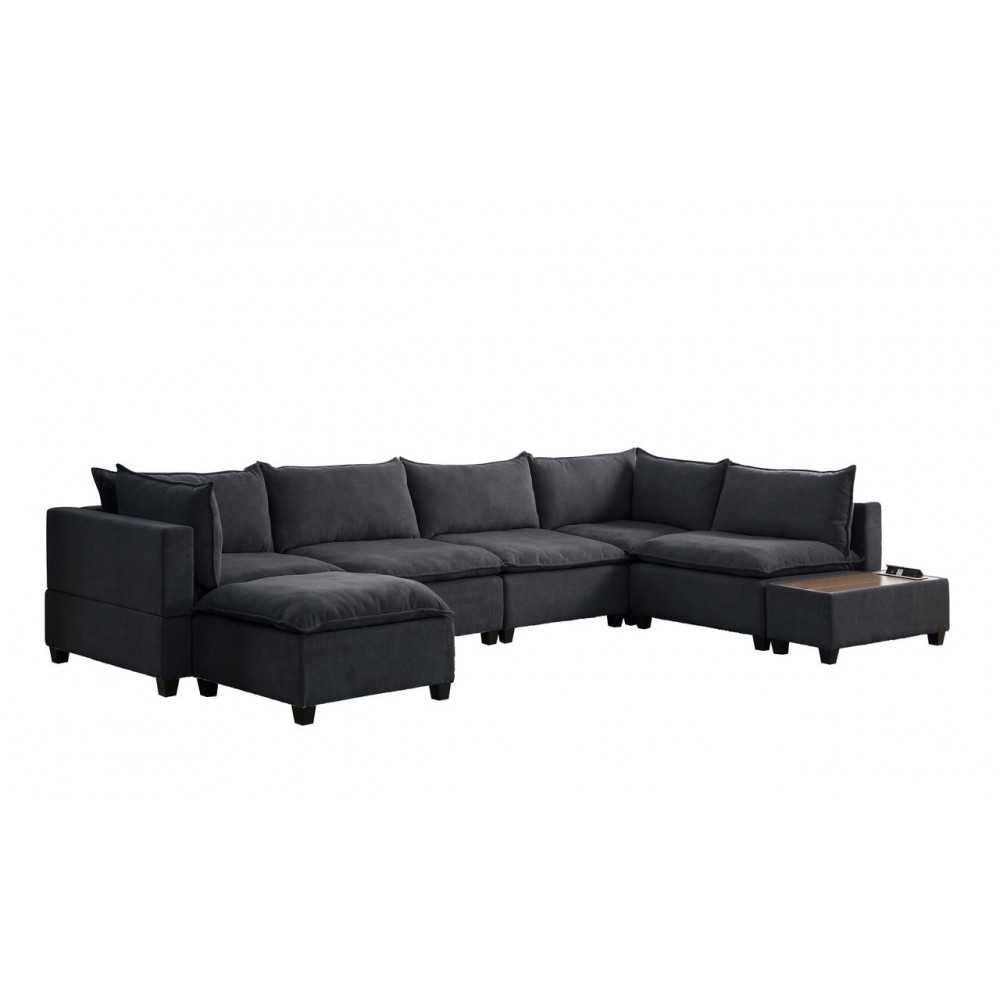 Madison Dark Gray Fabric 7Pc Modular Sectional Sofa Chaise with USB Storage Console Table