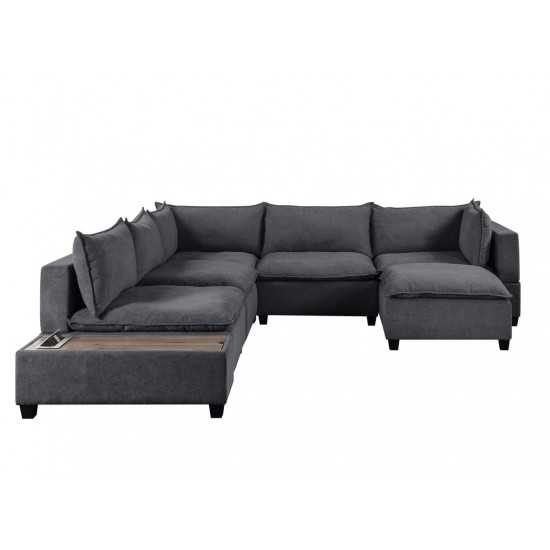 Madison Dark Gray Fabric 7 Piece Modular Sectional Sofa Chaise with USB Storage Console Table